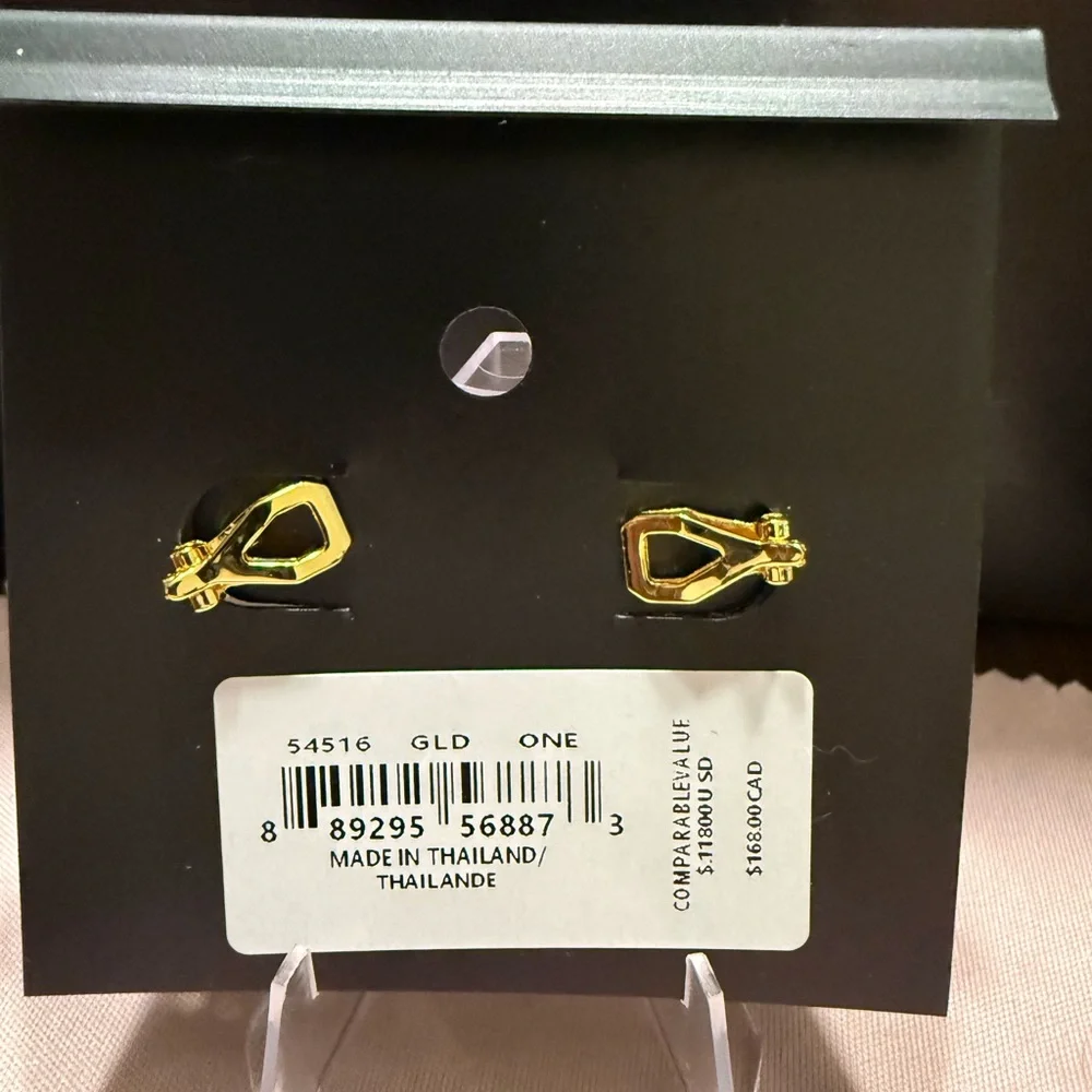 NEW Coach Gold Tone Stud clip on Earrings crystal center logo open circle - Picture 2 of 3